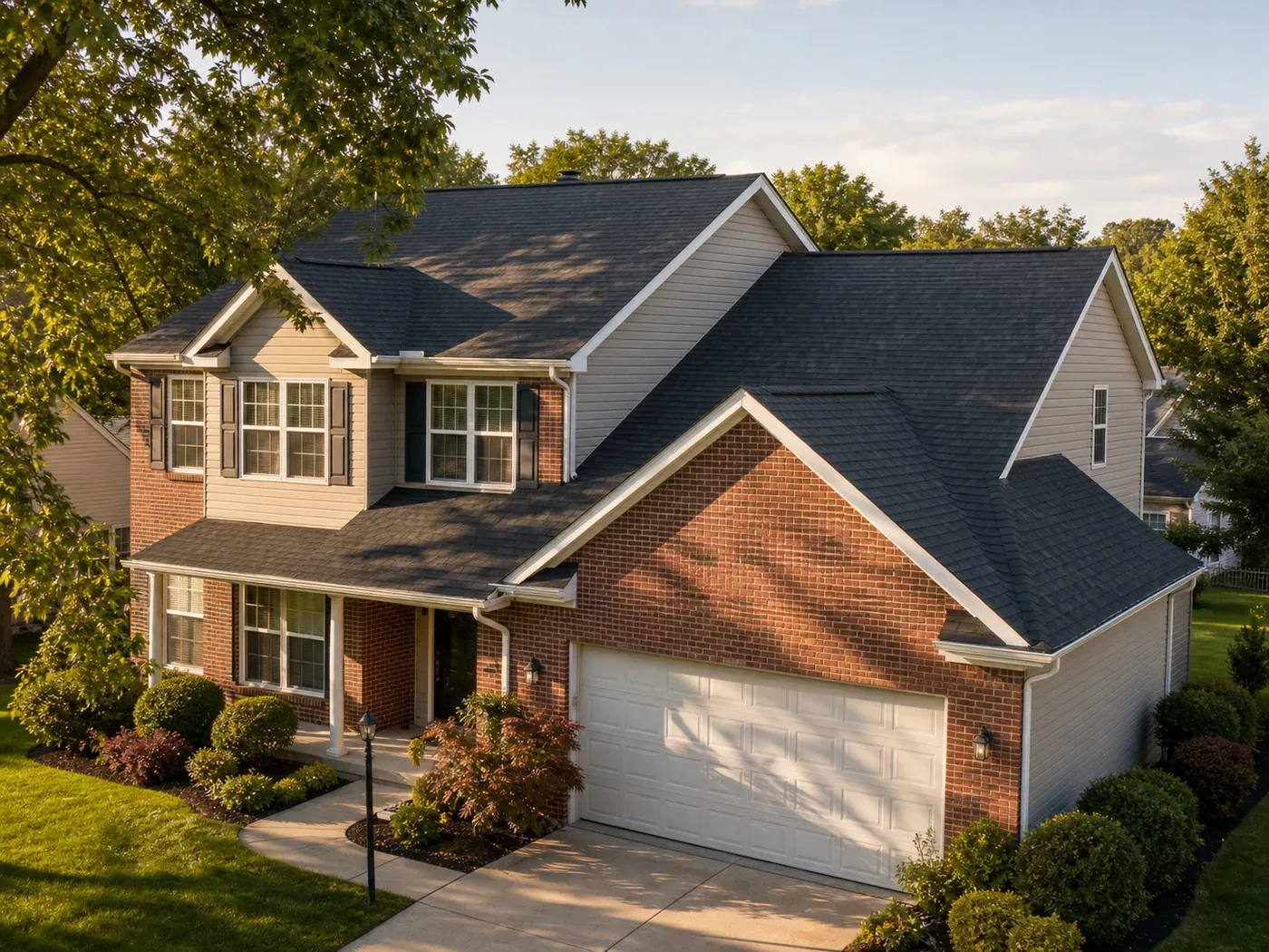 Finished charcoal shingle roof on a brick Indianapolis-area home