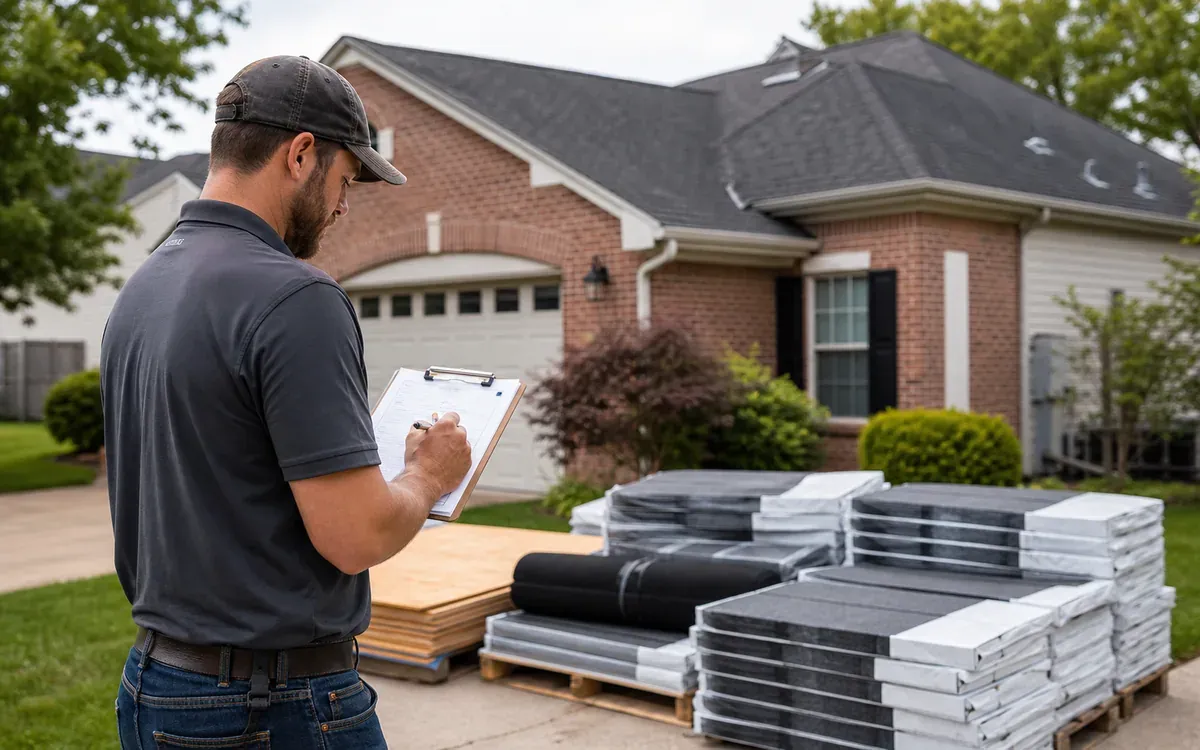 Roofing contractor reviewing an estimate beside shingle bundles at an Indianapolis home