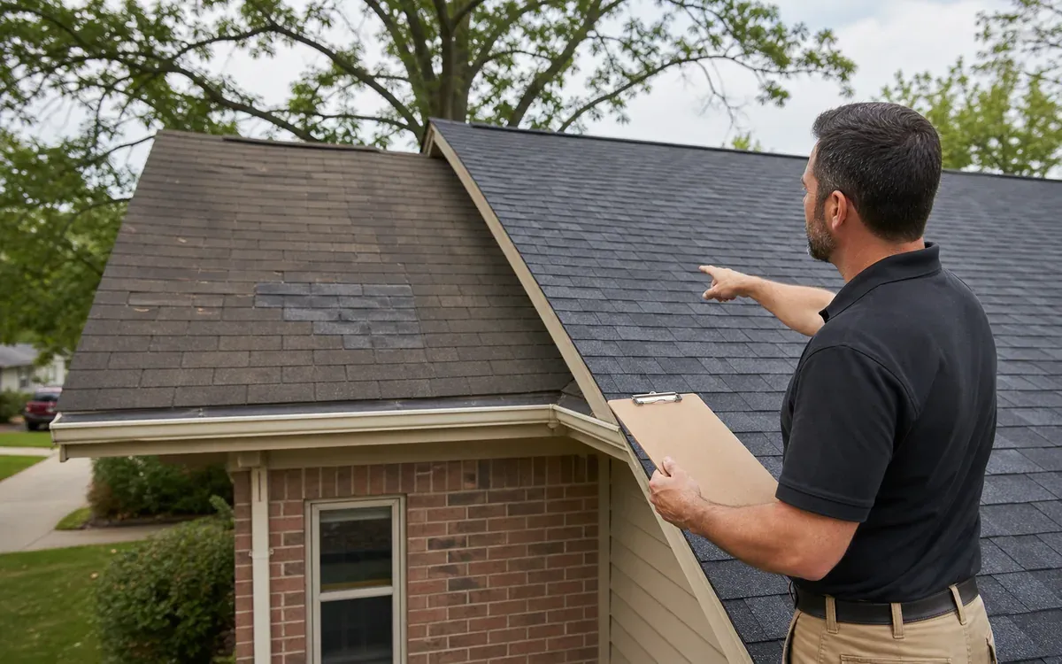 Roofing contractor comparing repaired and newly replaced shingles on an Indianapolis home