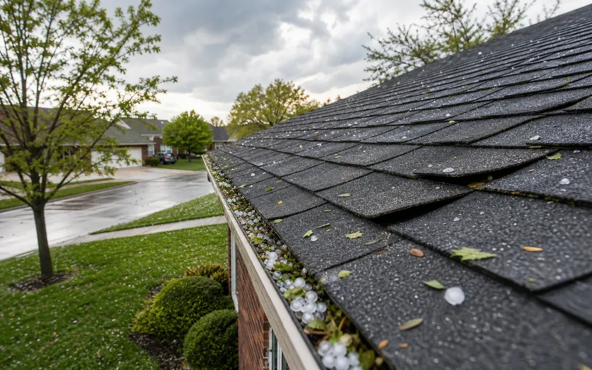 Mild spring storm damage on asphalt shingles in an Indianapolis-area neighborhood