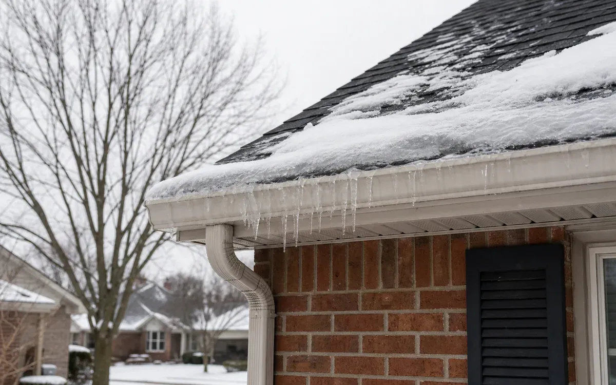 Snow and ice buildup along the gutter of a Central Indiana brick home
