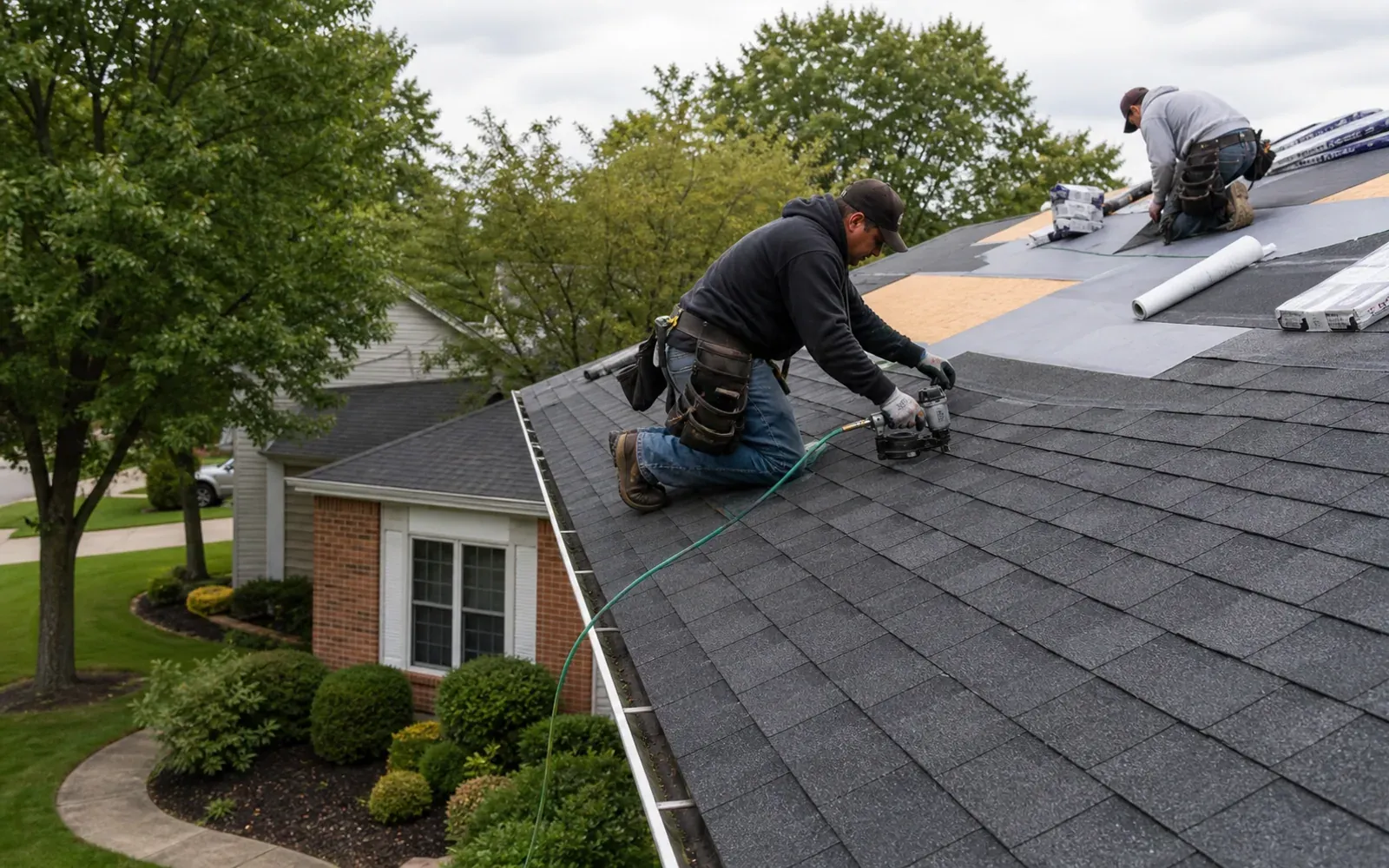 Roofing crew installing architectural shingles on an Indianapolis-area home