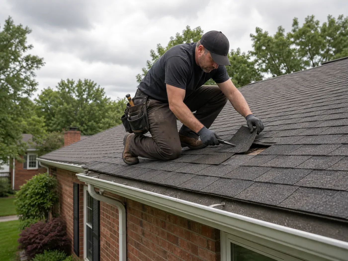 Roofer repairing damaged asphalt shingles on an Indianapolis-area home