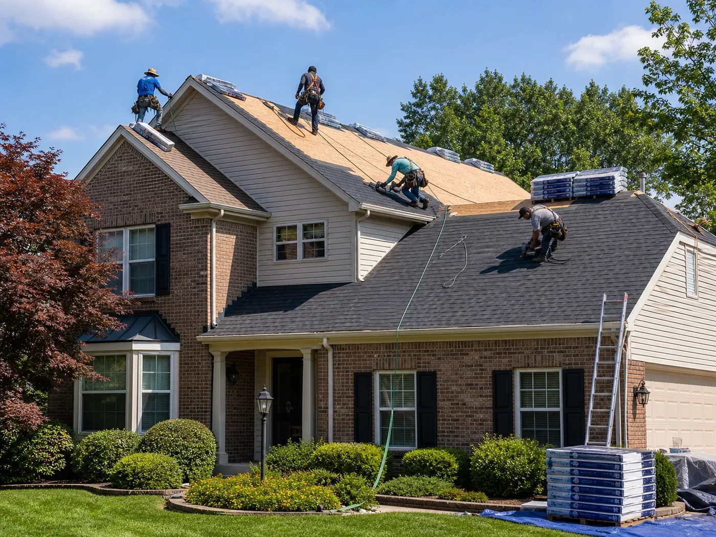 Roofing crew installing a new architectural shingle roof on an Indianapolis-area home