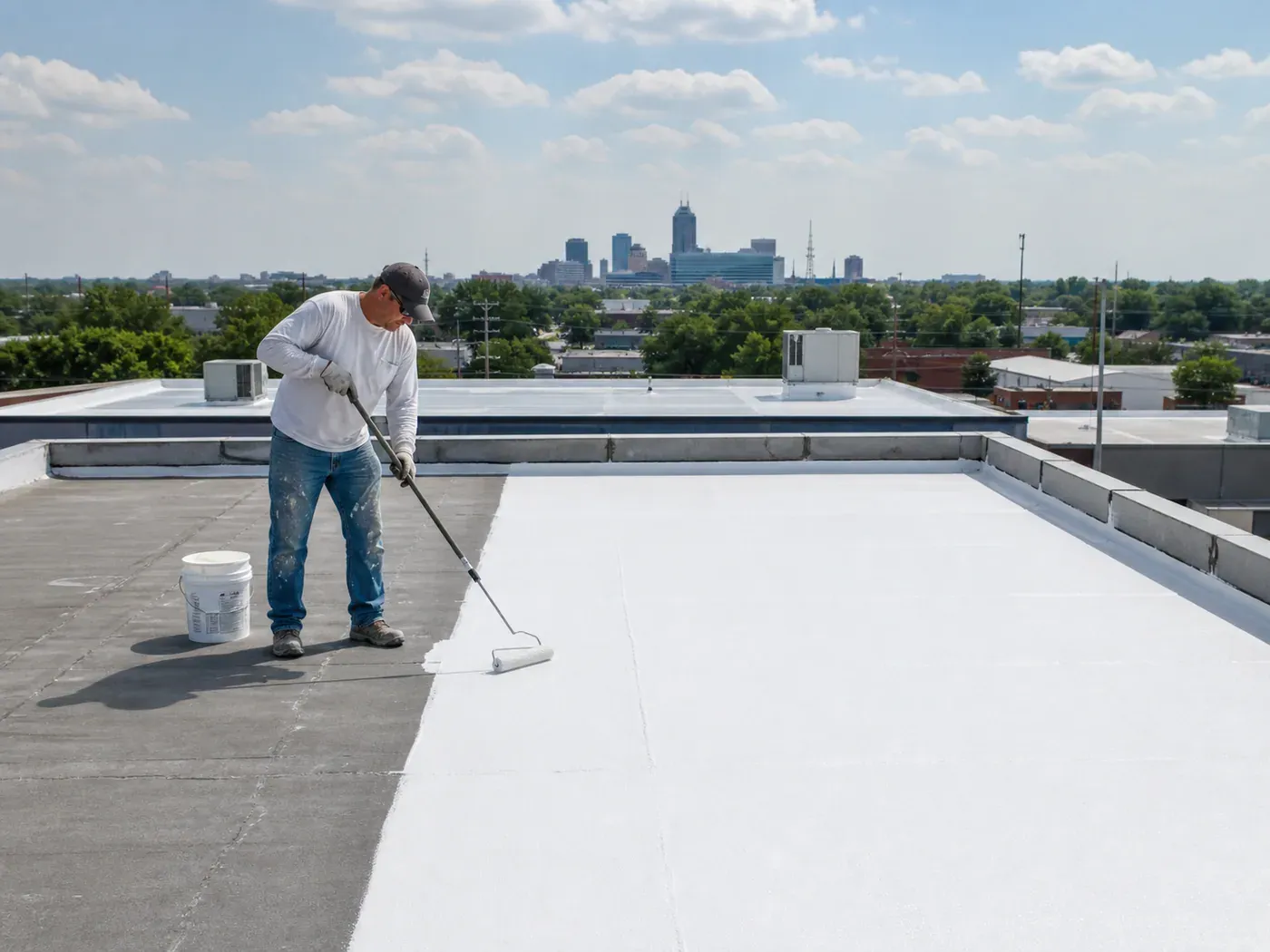 Roofing professional applying restoration coating to a low-slope Indianapolis-area roof